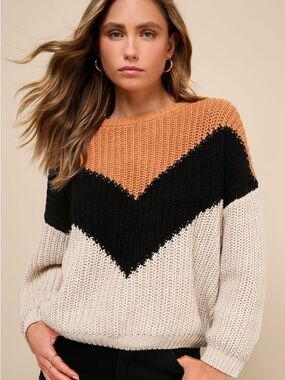 Lulus Autumn Leaves Tan Multi Chevron Stripe Knit Sweater